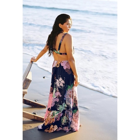Anthropologie Maeve Cut-Out Maxi Dress Navy Blue Floral Print - Picture 11 of 14